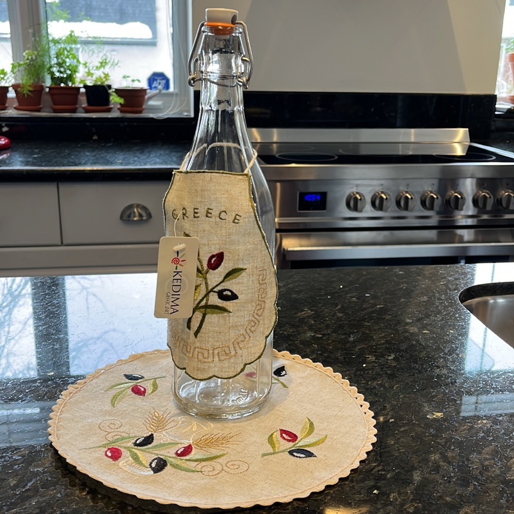 NWT Olive Oil Bottle Apron with Matching Doily